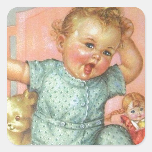Pegatina Cuadrada Bebé y juguetes vintage (Anverso)