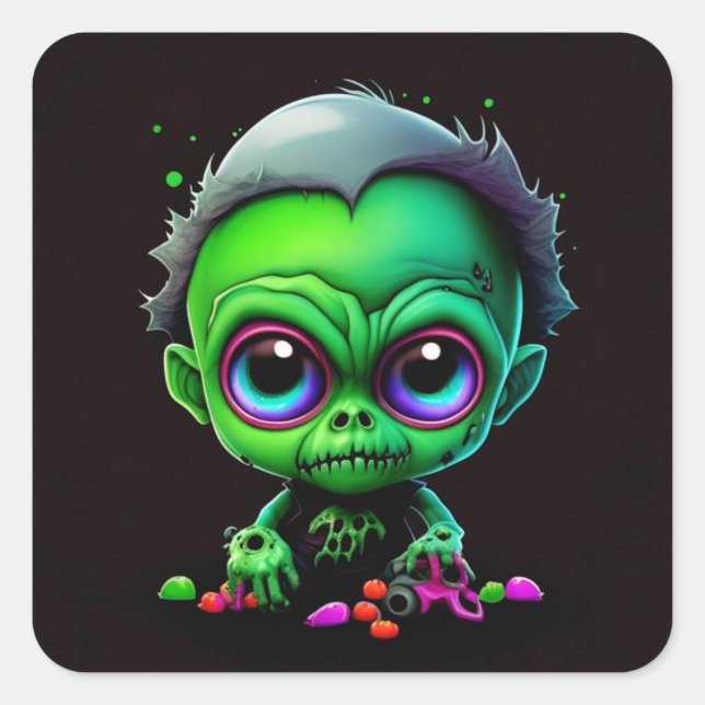 Pegatina Cuadrada Bebé Zombi Adorable (Anverso)