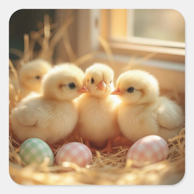 Pegatina Cuadrada Bebés De Pascua Con Huevos De Gingham (Anverso)