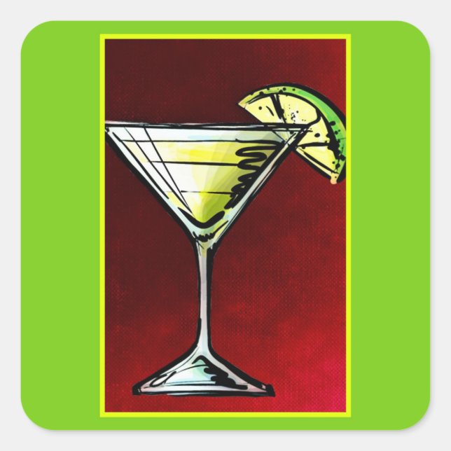 Pegatina Cuadrada Bebida de cóctel en un cristal de Martini con lima (Anverso)