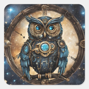 Pegatina Cuadrada Bechuza Steampunk contra el cielo galáctico