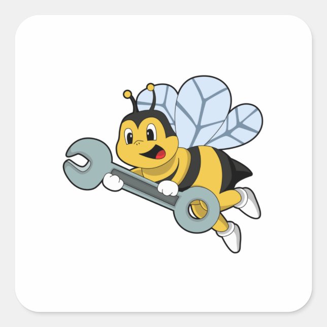 Pegatina Cuadrada Bee as Mechanic with Wrench (Anverso)