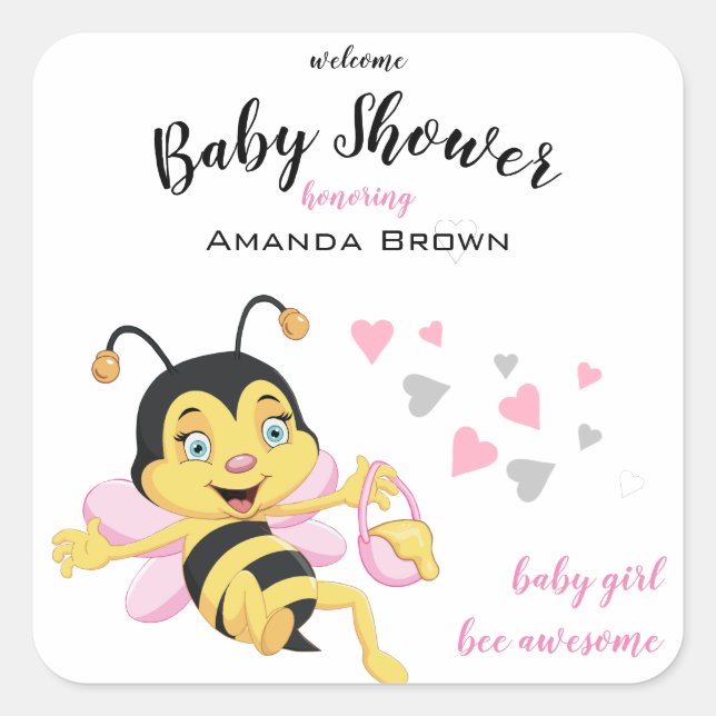 Pegatina Cuadrada Bee Awesome Baby Shower | (Anverso)