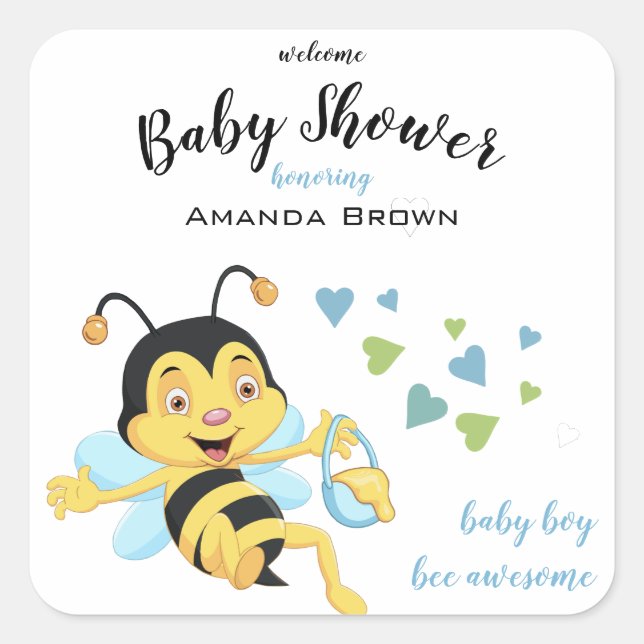 Pegatina Cuadrada Bee Awesome Baby Shower | (Anverso)