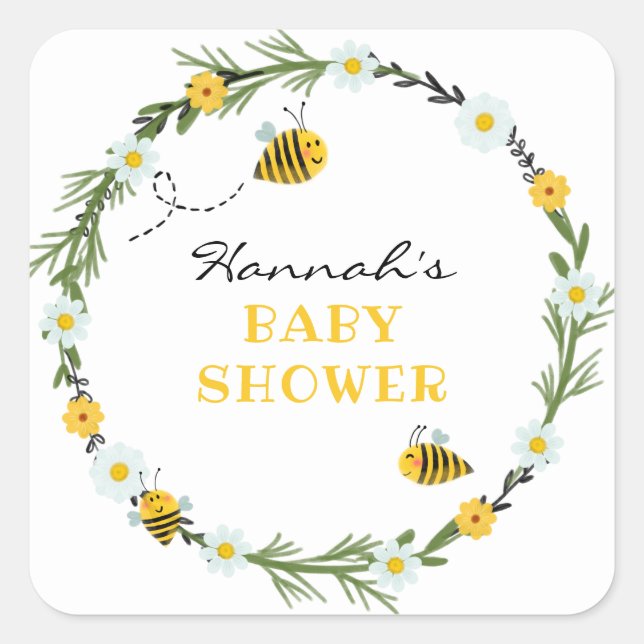 Pegatina Cuadrada Bee Baby Shower (Anverso)