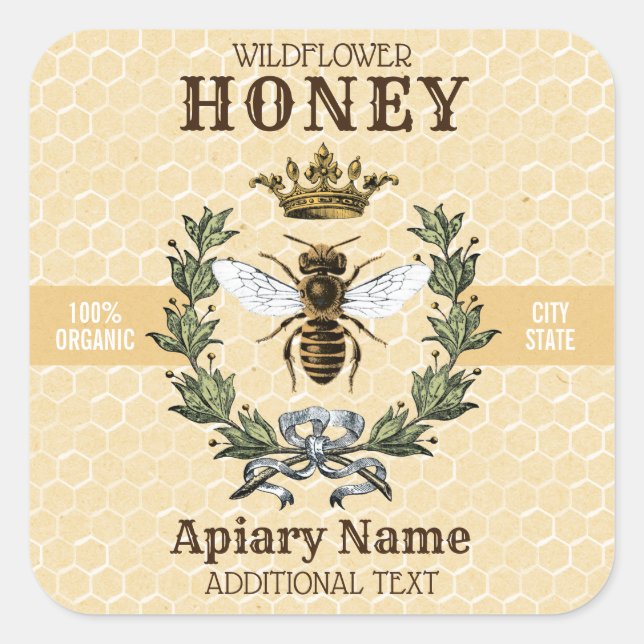 Pegatina Cuadrada Bee Wreath y Crown Honey Jar 3 SQUARE (Anverso)