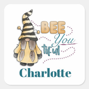 Pegatina Cuadrada Bee You-tiful Whimsical Watercolor Gnome Gonk