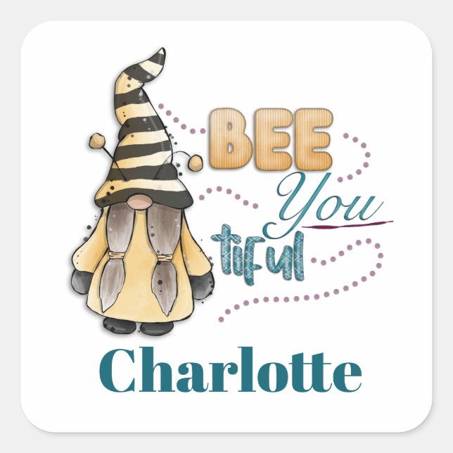 Pegatina Cuadrada Bee You-tiful Whimsical Watercolor Gnome Gonk (Anverso)