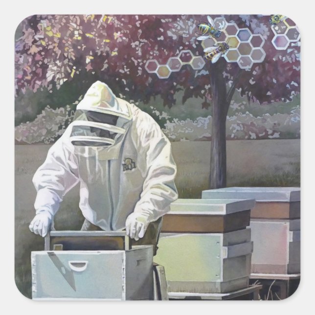 Pegatina Cuadrada Beekeeper Tendiendo Cajas De Abejas De Miel (Anverso)