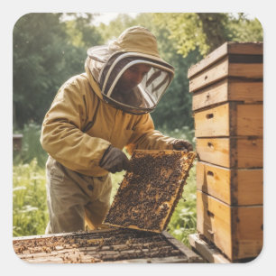 Pegatina Cuadrada Beekeeper y Beehive