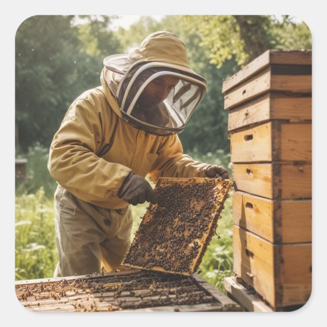Pegatina Cuadrada Beekeeper y Beehive (Anverso)
