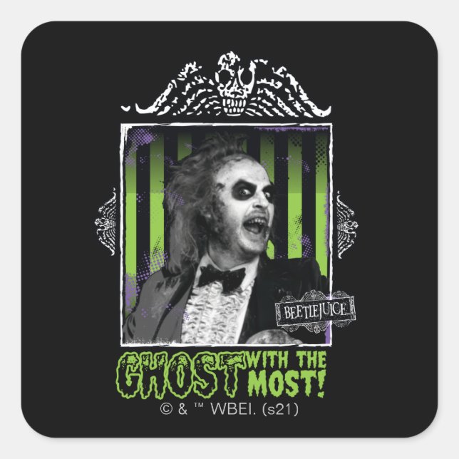Pegatina Cuadrada Beetlejuice | "Ghost With The Most" Portrait (Anverso)