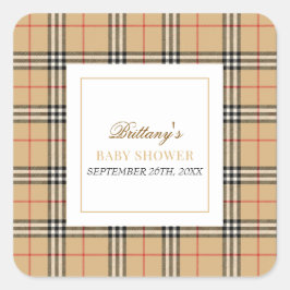 Pegatina Cuadrada Beige Check Plaid Baby Shower