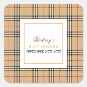 Pegatina Cuadrada Beige Check Plaid Baby Shower