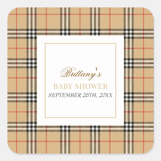 Pegatina Cuadrada Beige Check Plaid Baby Shower (Anverso)
