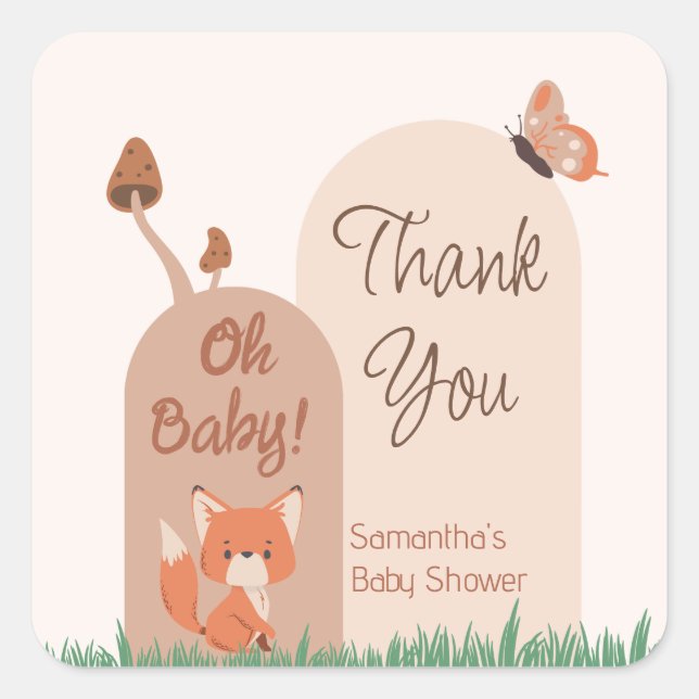 Pegatina Cuadrada Beige Forest Thuelo Fox Baby Shower (Anverso)