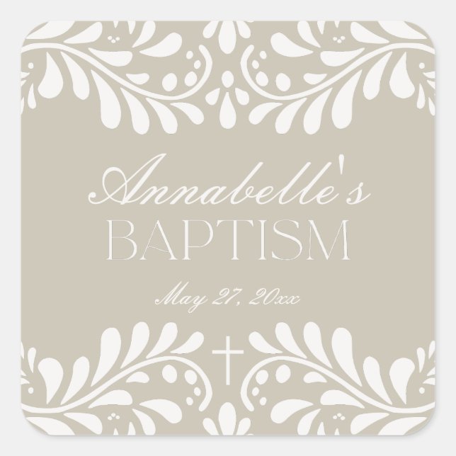 Pegatina Cuadrada Beige Talavera Tile Fiesta Española Baptismo Favor (Anverso)