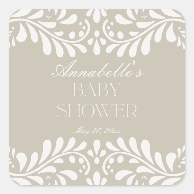 Pegatina Cuadrada Beige Talavera Tile Spanish Fiesta Baby Shower (Anverso)