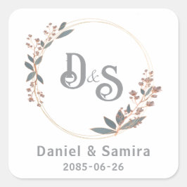 Pegatina Cuadrada Beige y Azul Floral Nombre Personalizado Elegante