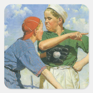 Pegatina Cuadrada Béisbol Antiguo, Niños, Niños Practicando Deportes