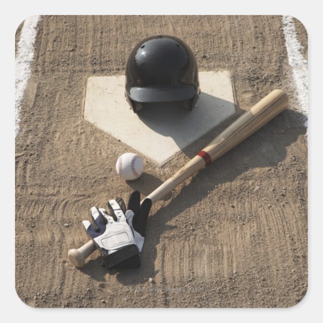 Pegatina Cuadrada Béisbol, bate, guantes de bateo y béisbol (Anverso)