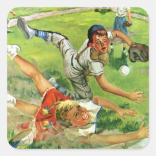 Pegatina Cuadrada Béisbol deportivo vintage, equipos de niños jugand
