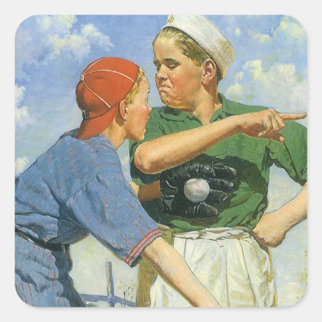 Pegatina Cuadrada Béisbol vintage, niños, niños que juegan deportes (Anverso)