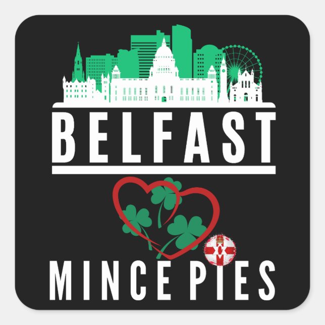 Pegatina Cuadrada Belfast ama a Mince Pies Cityscape (Anverso)