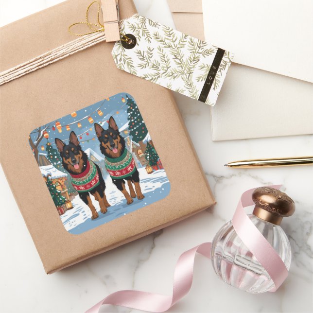 Pegatina Cuadrada Belgian Malinois Dogs Christmas Snow Holiday  (Regalar)