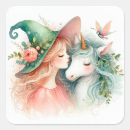 Pegatina Cuadrada Believe in Magic Watercolor Witch Unicorn Dreams