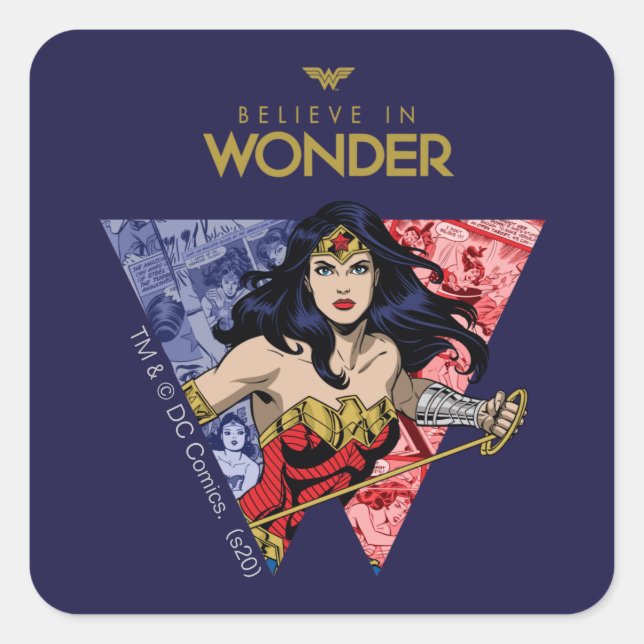 Pegatina Cuadrada "Believe In Wonder" Wonder Woman Lasso Comic Logo (Anverso)