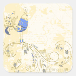 Pegatina Cuadrada Bella Artes floral retro de pájaro azul