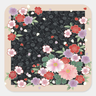 Pegatina Cuadrada Bella Artes japonés de crisantemo y sakura