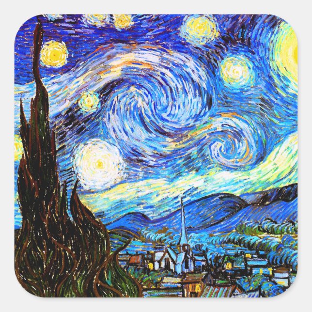 Pegatina Cuadrada Bella Artes nocturno Van Gogh Starry (Anverso)