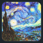 Pegatina Cuadrada Bella Artes nocturno Van Gogh Starry<br><div class="desc">Noche estrellada,  la pintura más famosa del maestro postimpresionista holandés Vincent van Gogh. Un solitario ciprés,  un pueblo durmiente y un cielo que zumba con estrellas. Post-Impresionismo Religioso cristiano espiritual inspirador arte de arte fino.</div>