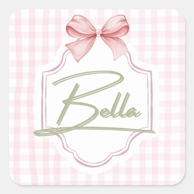Pegatina Cuadrada Bella Baby Nursery Personalizado Bow&Gingham (Anverso)