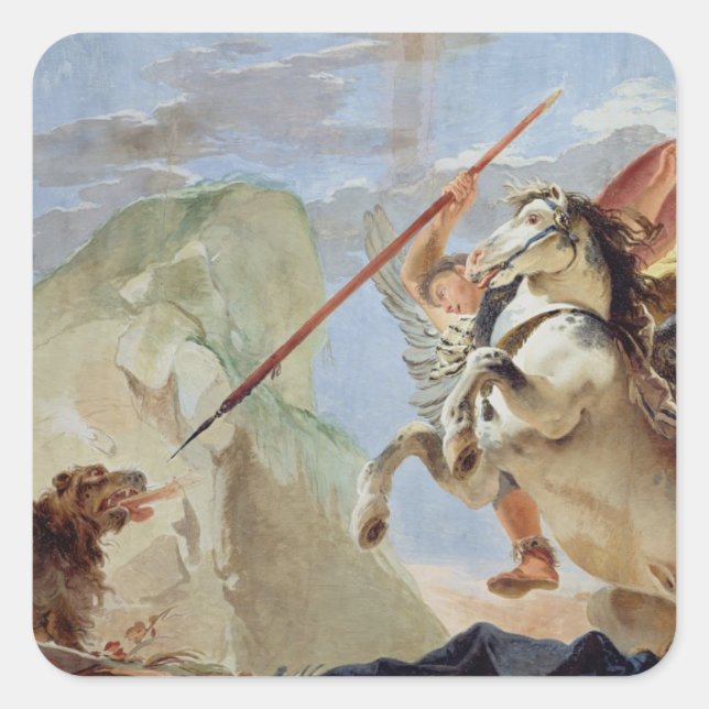 Pegatina Cuadrada Bellerófono, montando Pegasus, matando a la quimer (Anverso)