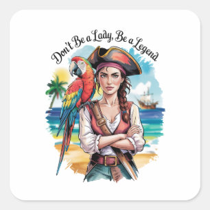 Pegatina Cuadrada Belleza De Bucanero Pirata Femenino En El Cubierta