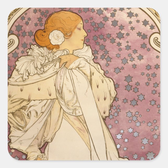 Pegatina Cuadrada Belleza de mujer mucha Art Nouveau (Anverso)