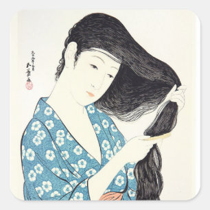 Pegatina Cuadrada Belleza japonesa cubriéndose el pelo