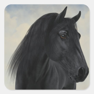 Pegatina Cuadrada Belleza negra - retrato frisio negro del caballo
