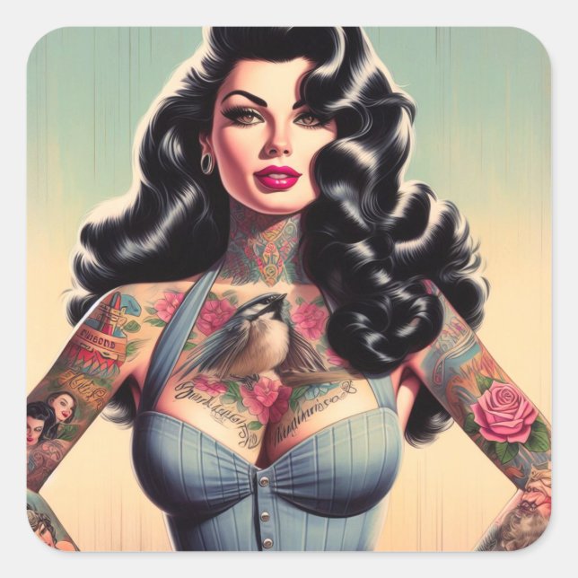 Pegatina Cuadrada Belleza retro Tattooed Pin up (Anverso)
