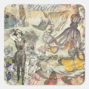 Pegatina Cuadrada Belleza victoriana de baño Kraken surrealismo vint