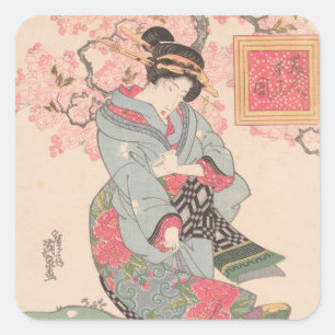 Pegatina Cuadrada Bellezas bajo flores de cerezo Vintage Ukiyo-e