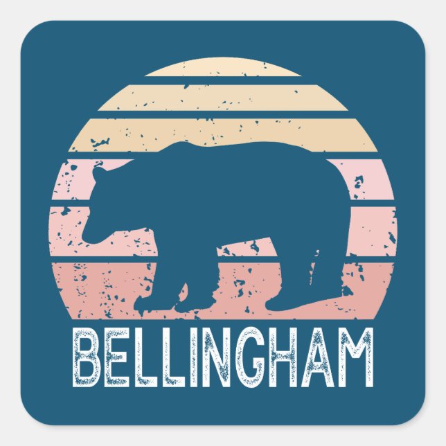 Pegatina Cuadrada Bellingham Washington Retro Bear (Anverso)