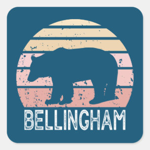 Pegatina Cuadrada Bellingham Washington Retro Bear