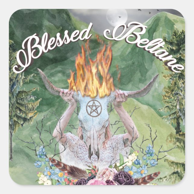 Pegatina Cuadrada Beltane Fire Ritual Forest Scene Pagan Holiday (Anverso)