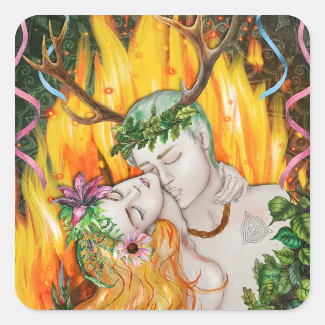 Pegatina Cuadrada Beltane God & Goddess Wiccan Sabbat (Anverso)