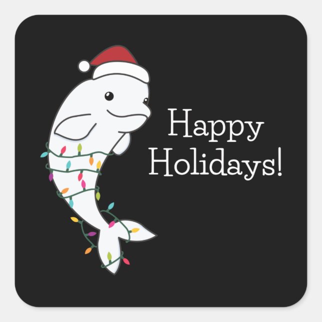 Pegatina Cuadrada Beluga Whale Merry Christmas Winter Animals Whales (Anverso)