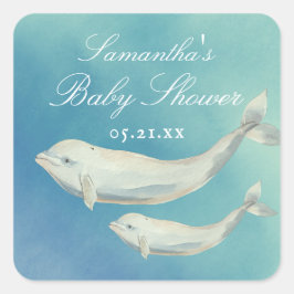 Pegatina Cuadrada Beluga Whale Mom y Calf Baby Shower